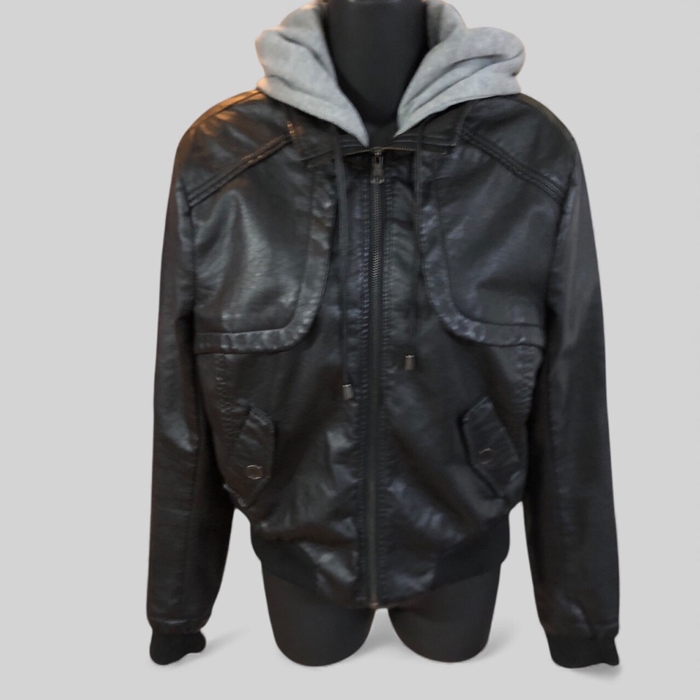 Papaya Jacket Women sz L Faux Leather Black Moto Fleece Hoodie Full Zip Ribbed
